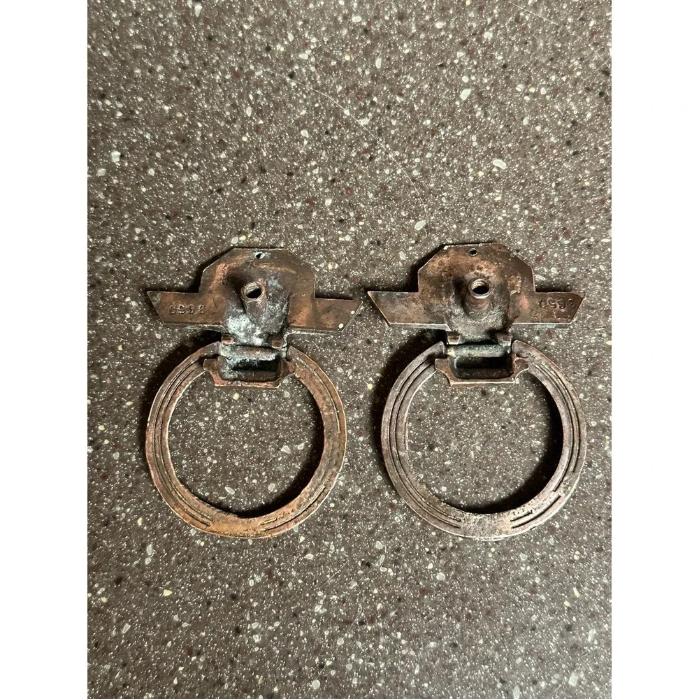 Antique Art Deco Ring Drawer Pulls Set of‎ 2 Copper Brass Tone Cabinet Hardware